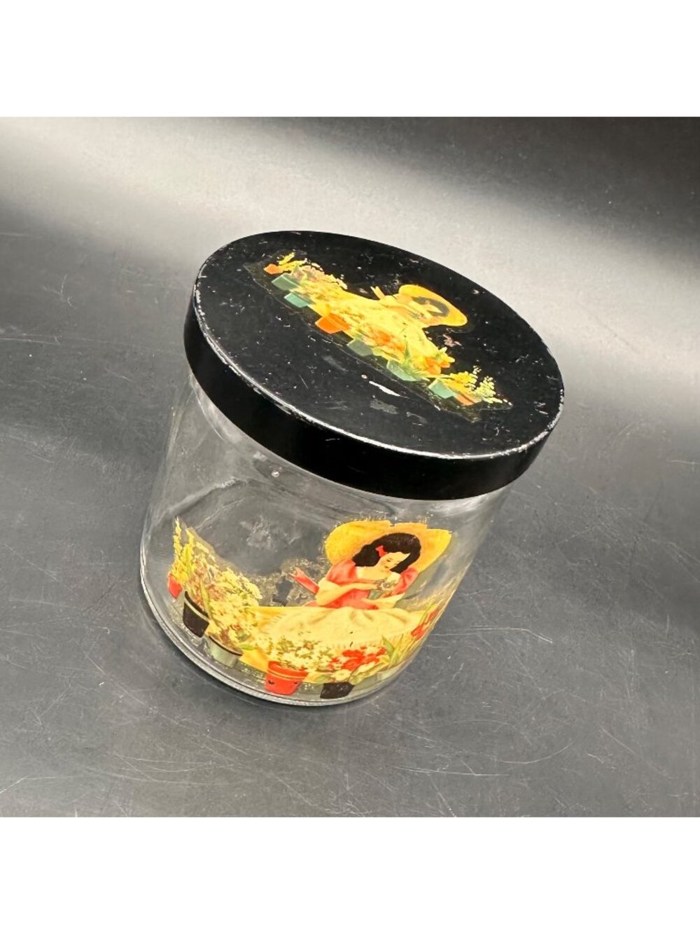 Vintage Glass Jar Black Lid Decoupage Woman Floral Garden Ball USA Mid Century